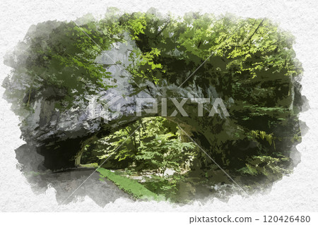 水彩風格大石峽大橋莊原市，廣島縣 120426480