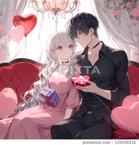 一個白化病女孩和一個藍眼睛的年輕人坐在古董沙發上。日本動漫風格AI插畫 120426818