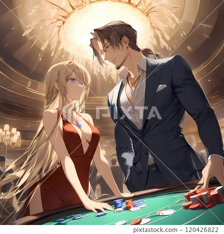 Young men and women playing at a casino. A young man with a beard and a beautiful blonde woman standing next to him. AI illustration in the style of Japanese anime Young men and women playing at a casino. A young man with a beard and a beautiful blonde woman standing next to him. AI illustration in the style of Japanese anime 120426822
