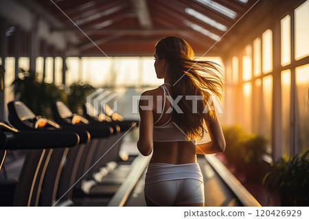 Girl running in the gym, rear view of a person running. Girl running in the gym, rear view of a person running. 120426929