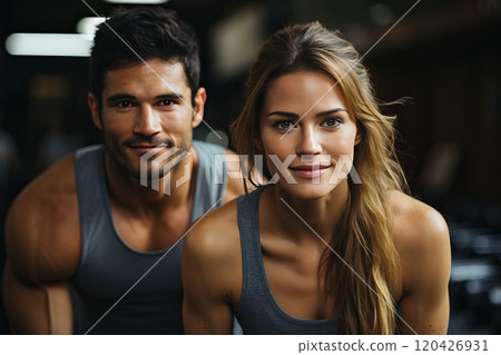 Portrait of a man and a woman in a fitness club, sporty man and woman. 120426931