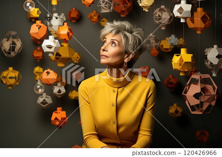 A beautiful and stylish middle-aged woman sits between lamps hanging from the ceiling. 120426966