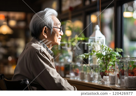 A man of Asian appearance sits in a wheelchair and watches plants. 120426977