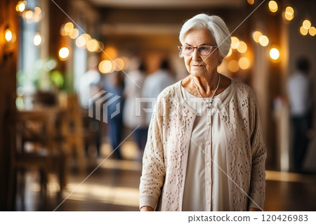 An elderly woman with a facial expression that signifies her understanding and acceptance of her old age. An elderly woman with a facial expression that signifies her understanding and acceptance of her old age. 120426983