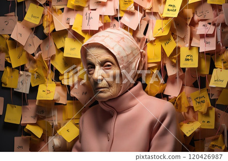 Alzheimer's disease theme idea, woman with notes to herself. Alzheimer's disease theme idea, woman with notes to herself. 120426987