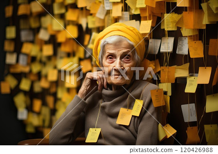 Alzheimer's disease theme idea, woman with notes to herself. 120426988