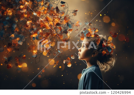 A little girl looks at the bright lights between the leaves. 120426994