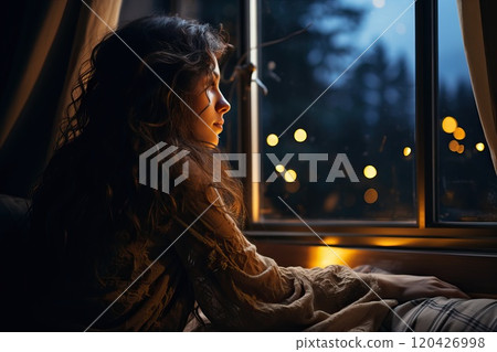 A teenage girl, suffering from insomnia, looks out the window at the night sky. A teenage girl, suffering from insomnia, looks out the window at the night sky. 120426998