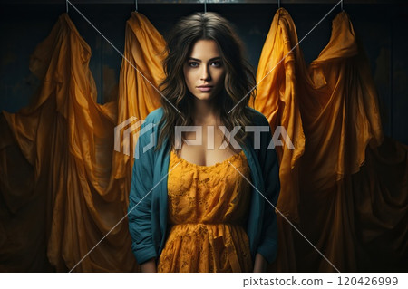 Portrait of a girl in a yellow dress and a blue sweater against a background of yellow fabric and a black wall. 120426999