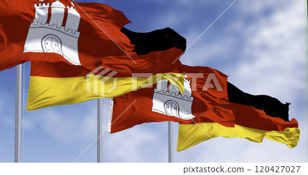 Hamburg city-state flags waving with german national flags on a clear day 120427027