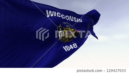 Wisconsin state flag waving in the wind Wisconsin state flag waving in the wind 120427033