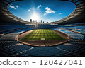 Sports arena without fans and football players, view of the football arena from a wide top angle. 120427041