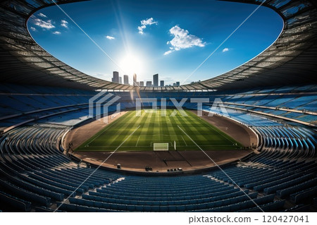 Sports arena without fans and football players, view of the football arena from a wide top angle. 120427041