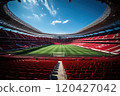 Football arena with red chairs, wide angle top view of empty football arena. 120427042