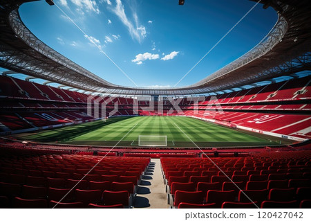 Football arena with red chairs, wide angle top view of empty football arena. Football arena with red chairs, wide angle top view of empty football arena. 120427042