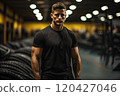 Male athlete in the gym with car tires. 120427046