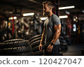 Male athlete in the gym with car tires. 120427047