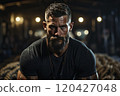 Male athlete with ropes on shoulders and chest. 120427048