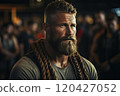 Male athlete with ropes on shoulders and chest. 120427052