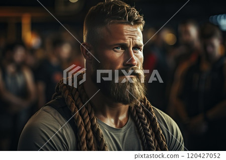 Male athlete with ropes on shoulders and chest. Male athlete with ropes on shoulders and chest. 120427052