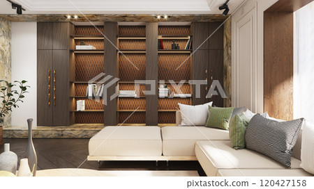 Modern living room with elegant shelving and cozy seating. Modern living room with elegant shelving and cozy seating. 120427158