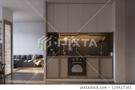 Modern kitchen with stylish cabinets, wooden floor. Modern kitchen with stylish cabinets, wooden floor. 120427161