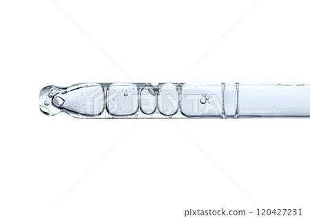 Cosmetic serum or medicine in a pipette. Closeup, white background. Cosmetic serum or medicine in a pipette. Closeup, white background. 120427231