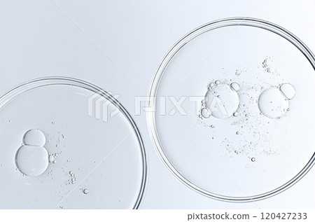 The texture of a cosmetic serum or body gel in a Petri dish. 120427233