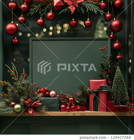 A shop display in Christmas and New Year decorations theme with a big blank green signs for promotion, suit for poster and advertisement. Dark red and green color tone. AI generated. 120427268