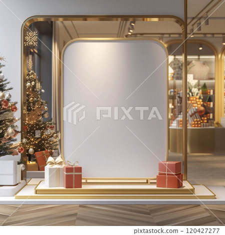 A shop display in Christmas and New Year decorations theme with a big blank white signs for promotion, suit for poster and advertisement. White and gold color tone. AI generated. 120427277
