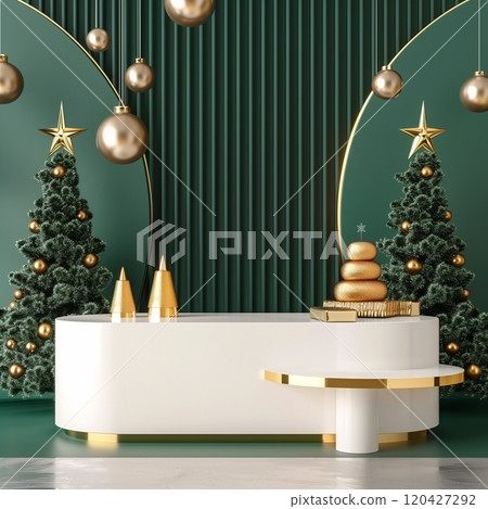 A shop display in Christmas and New Year decorations theme with a stripe space for promotion, suit for poster and advertisement. Green and gold color tone. AI generated. A shop display in Christmas and New Year decorations theme with a stripe space for promotion, suit for poster and advertisement. Green and gold color tone. AI generated. 120427292