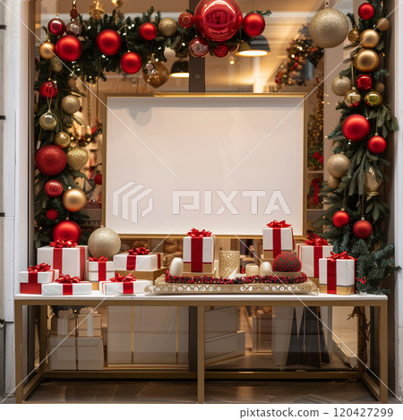 A shop display in Christmas and New Year decorations theme with a big blank white signs for promotion, suit for poster and advertisement. Red and gold color tone. AI generated. 120427299