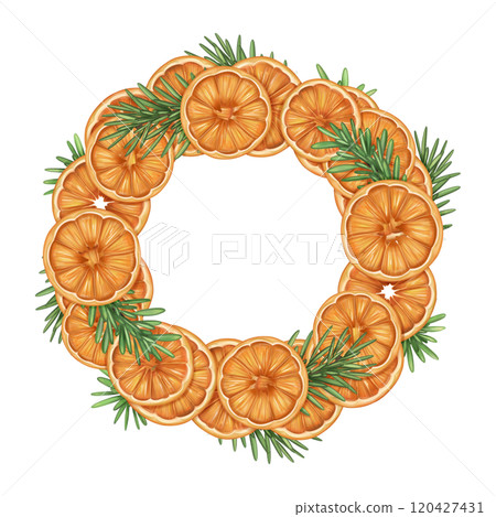 Christmas wreath of oranges, fir branches. Handmade eco Christmas toy, winter organic decorations, seasonal handmade garland. Sustainable Xmas, zero waste concept celebration. Isolated illustration 120427431