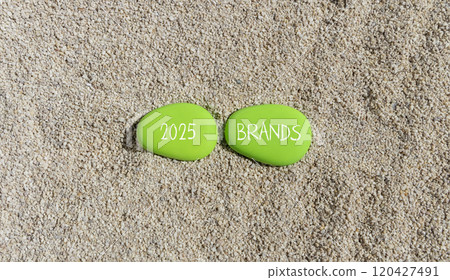 Planning 2025 brands new year symbol. Concept words 2025 Brands on beautiful green stones. Beautiful sand sea beach background. Business 2025 brands new year concept. Copy space. 120427491