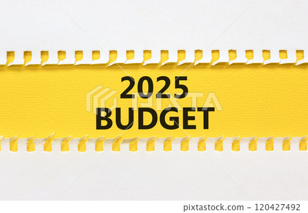 Planning 2025 budget new year symbol. Concept words 2025 Budget on beautiful yellow paper. Beautiful white background. Business 2025 budget new year concept. Copy space. 120427492