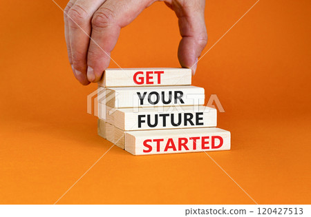 Get your future started symbol. Concept words Get your future started on beautiful wooden blocks. Beautiful orange table orange background. Business get your future started concept. Copy space. Get your future started symbol. Concept words Get your future started on beautiful wooden blocks. Beautiful orange table orange background. Business get your future started concept. Copy space. 120427513