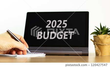 Planning 2025 budget new year symbol. Concept words 2025 Budget on beautiful black tablet. Beautiful white background. Businessman hand. Business 2025 budget new year concept. Copy space. 120427547