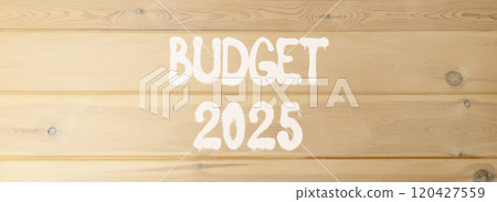 Planning budget 2025 new year symbol. Concept words Budget 2025 on beautiful wooden wall. Beautiful wooden wall background. Business budget 2025 new year concept. Copy space. 120427559