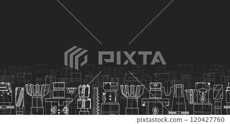 Mechanical engineering drawings on black background. Tap tools, borer. Technical Design. Cover. Blueprint. Seamless pattern. Vector illustration. 120427760
