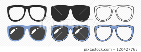 Vector Flat Frame Glasses Icon Set. Sunglasses, Vintage Eyeglasses, Lenses. Optics and Eyewear Design Template. Vector Illustration. Flat Vector Design for Eyewear and Optics 120427765
