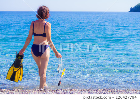 Woman with flippers snorkeling tube on beach Woman with flippers snorkeling tube on beach 120427794