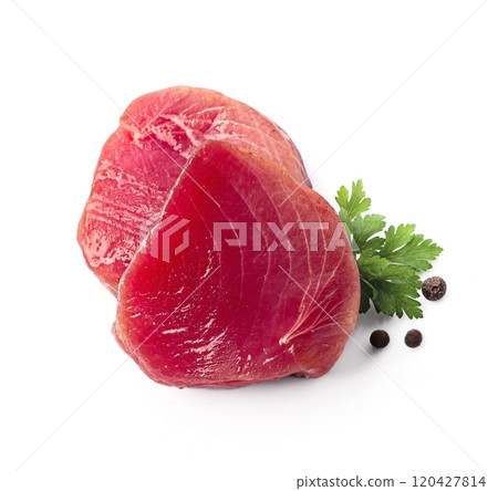 Raw tuna fillet and spice on white backgrounds 120427814