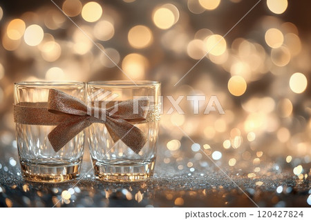 Shots with cold vodka on festive holiday background 120427824