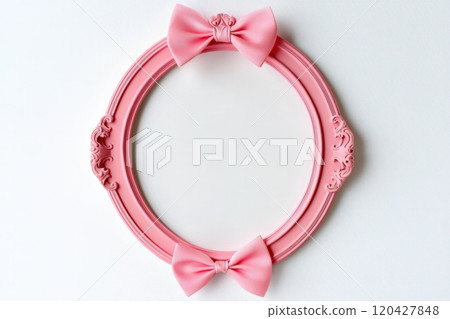 luxury pink ribbon frame with bow wrapped cross on gift box corner isolated on white background, simple ribbon tied bow for presents or greeting card decorating,  120427848