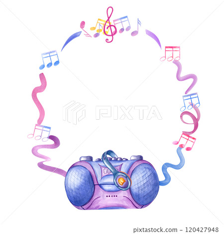Audio cassette player with wired headphones. Tape recorder and Earpieces for listening to music. Retro 90s, Y2K style. Musical accessories. Watercolor illustration for poster, greeting, stationery Audio cassette player with wired headphones. Tape recorder and Earpieces for listening to music. Retro 90s, Y2K style. Musical accessories. Watercolor illustration for poster, greeting, stationery 120427948