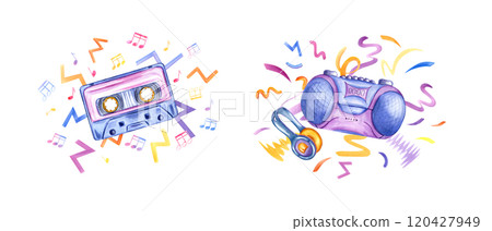 Retro cassette tape, headphones and cassette boombox player surrounded by colorful music notes and line doodles. Watercolor illustration for nostalgic music themed projects and artistic endeavors. 120427949