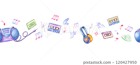 Watercolor headphones, audio cassette, tape recorder, sounds of music and musical notes seamless horizontal banner. Color nostalgic 90s or Y2K illustration for textile, party design Watercolor headphones, audio cassette, tape recorder, sounds of music and musical notes seamless horizontal banner. Color nostalgic 90s or Y2K illustration for textile, party design 120427950