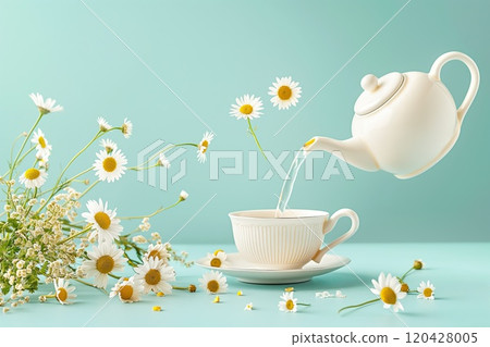 White cup of tea, levitating teapot and white daisies on a blue background. 120428005