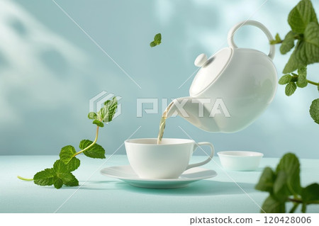 Pouring fresh mint tea from teapot into cup on green background 120428006
