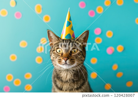Cute cat wearing birthday hat on bright background with confetti 120428007